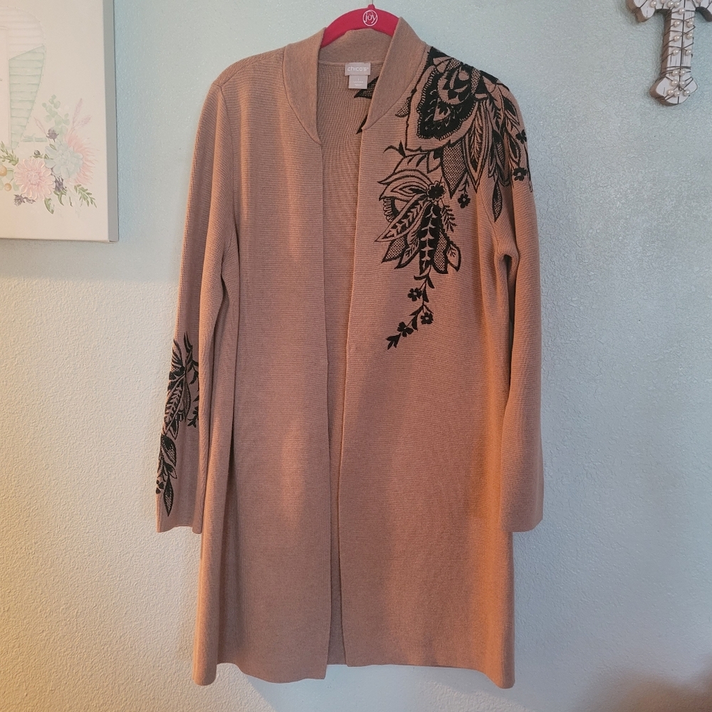 Chico's long floral embroidered cardigan Size 1
